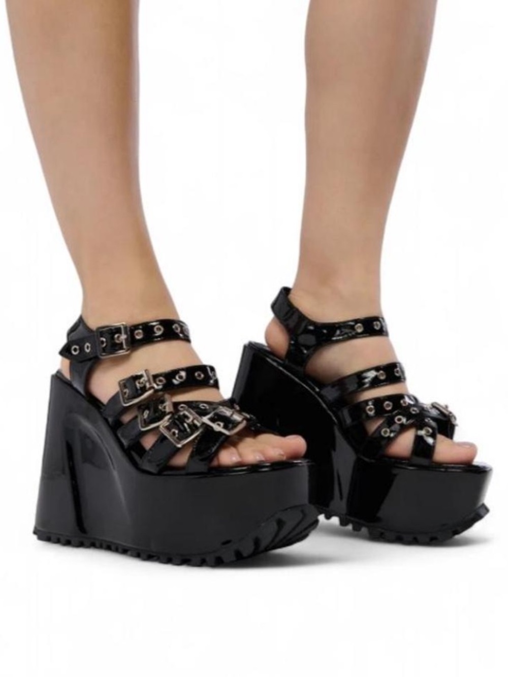 AKIRA Black Patent Platform Wedge Sandals with Buckle Straps